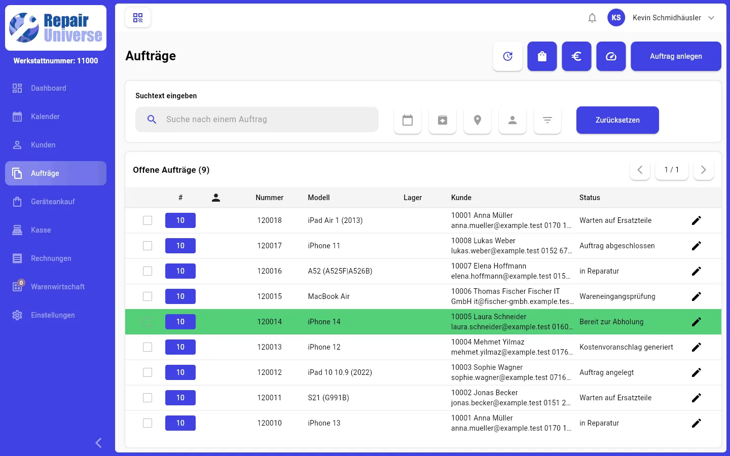 Auftragsliste in Repairuniverse mit Auftragsnummer, Modell, Kunde und Status