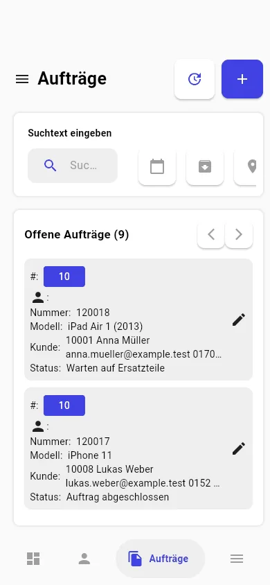 Auftragsliste von Repairuniverse auf dem Smartphone