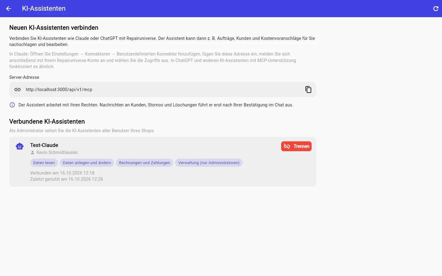 Einstellungen für KI-Assistenten in Repairuniverse