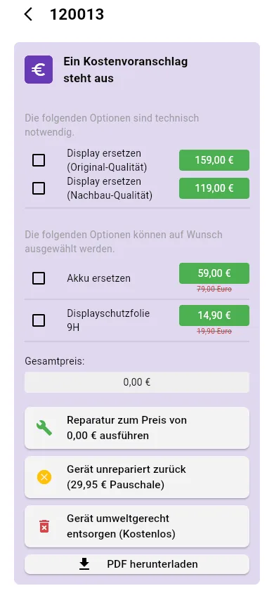 Kostenvoranschlag in der Kunden-App mit wählbaren Positionen