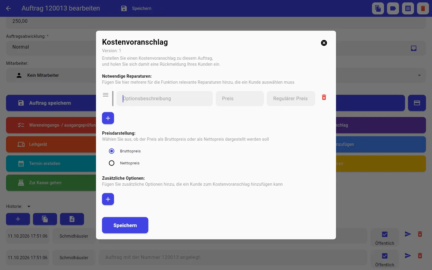 Kostenvoranschlag mit mehreren Optionen erstellen