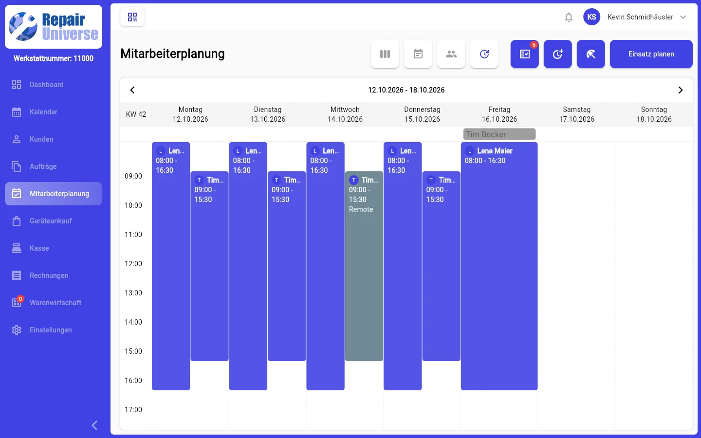 Wochenplan der Mitarbeiterplanung mit Schichten