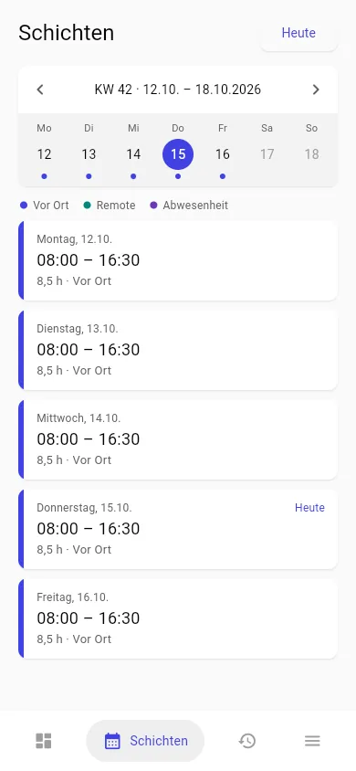 Timeuniverse: Schichtübersicht des Mitarbeiters