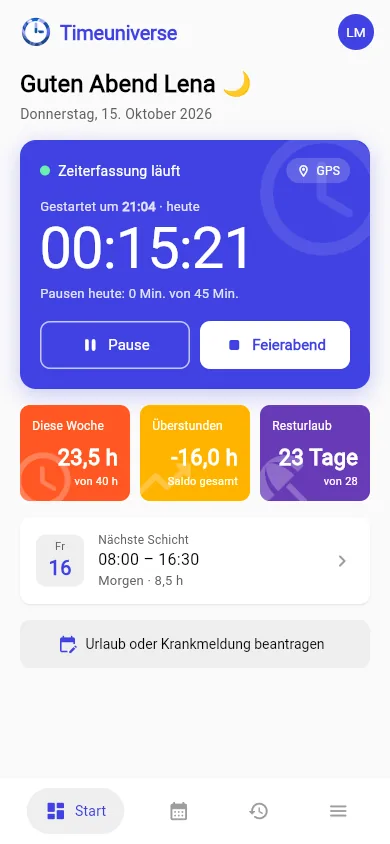Timeuniverse: laufende Zeiterfassung mit Pause und Feierabend